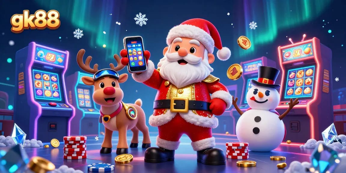 Experience big wins with gk88 as Santa and friends celebrate in a vibrant casino scene.