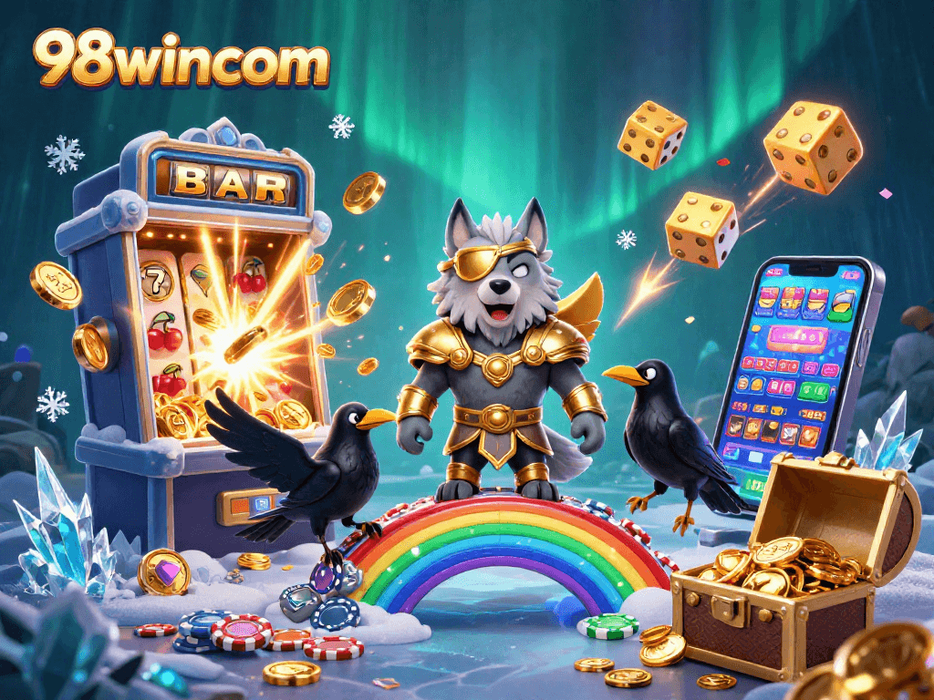 Engage with excitement at 98wincom's dynamic casino scene featuring Odin and golden treasures.