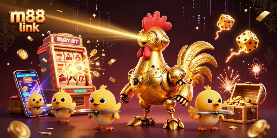 Experience thrilling action with M88 link, featuring a golden rooster robot and baby chick drones celebrating casino wins.