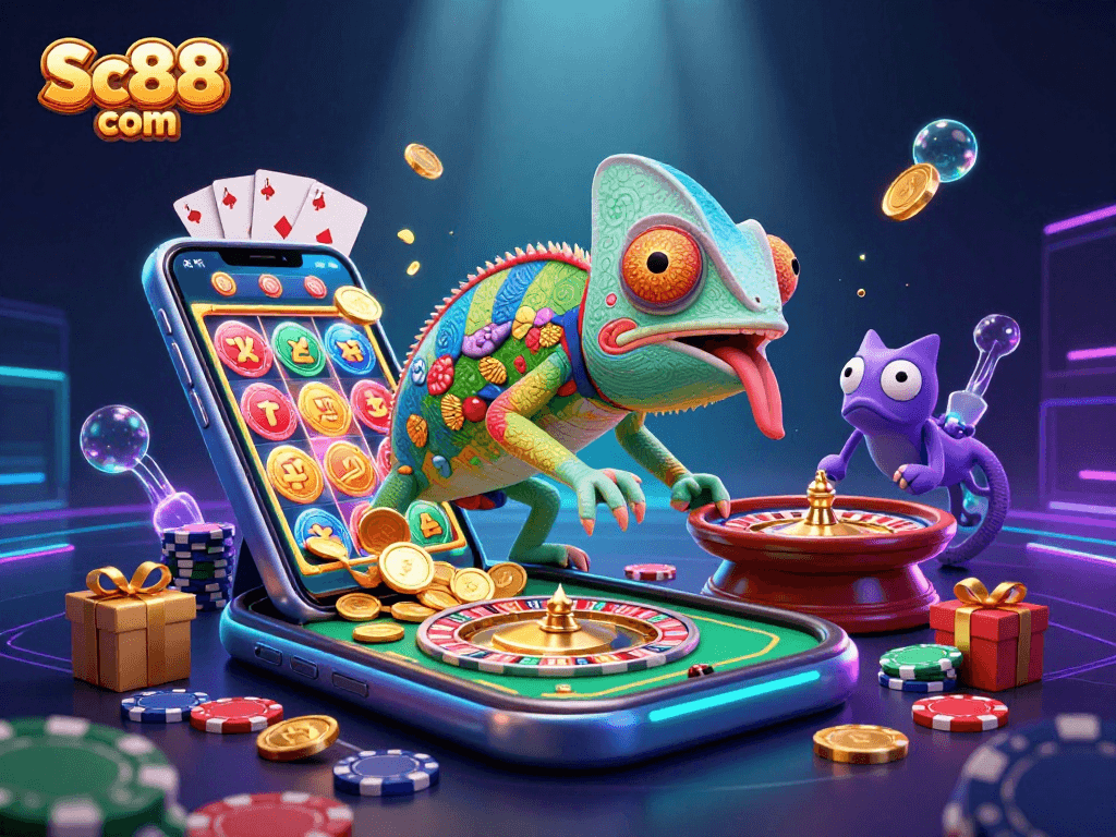 Experience thrilling wins at Sc88 com with a lively casino scene featuring a vibrant chameleon character.