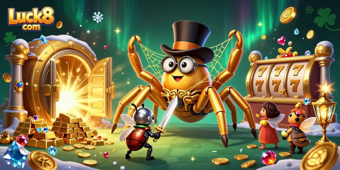 Experience excitement with Luck8 com in a vibrant, action-packed casino scene featuring a golden tarantula.