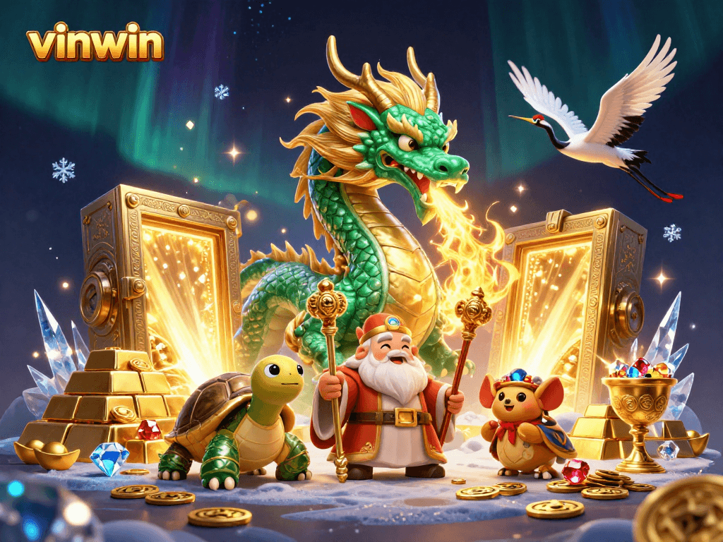 vinwin celebrates with an emerald dragon and turtles in a casino scene filled with treasures and vibrant colors.