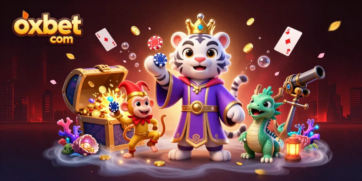 Experience thrilling gameplay at oxbet com with royal tiger and playful monkey in a vibrant casino scene.