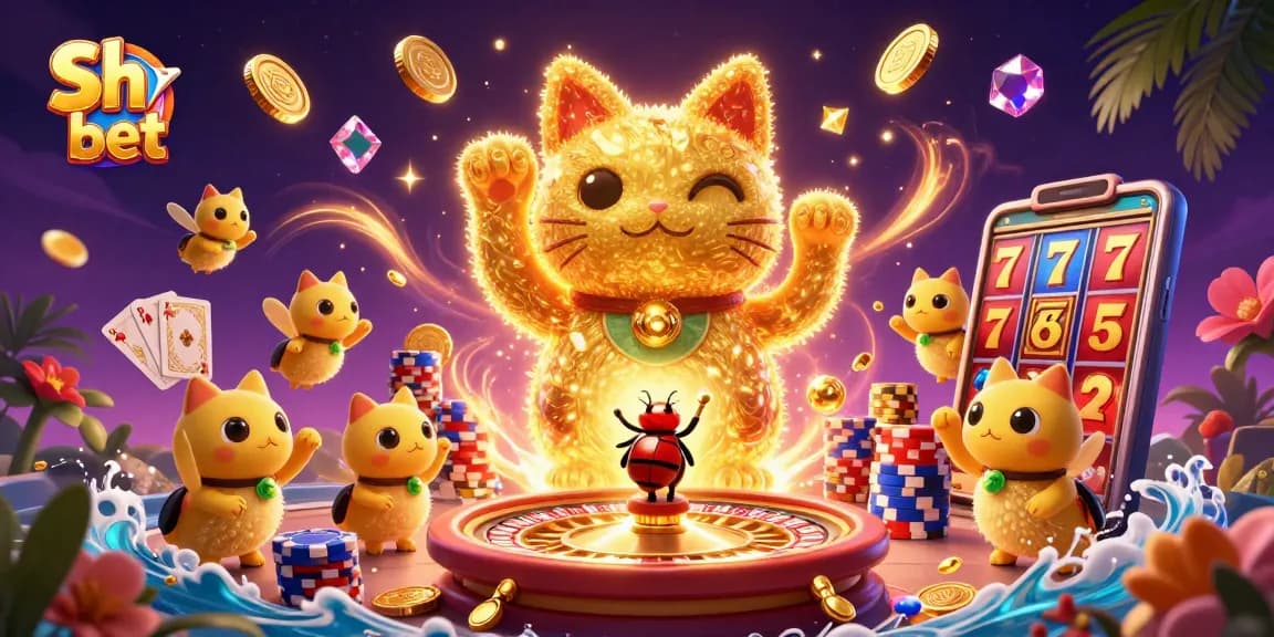 Experience big wins at Sh bet with vibrant casino game elements and a lucky cat illustration.