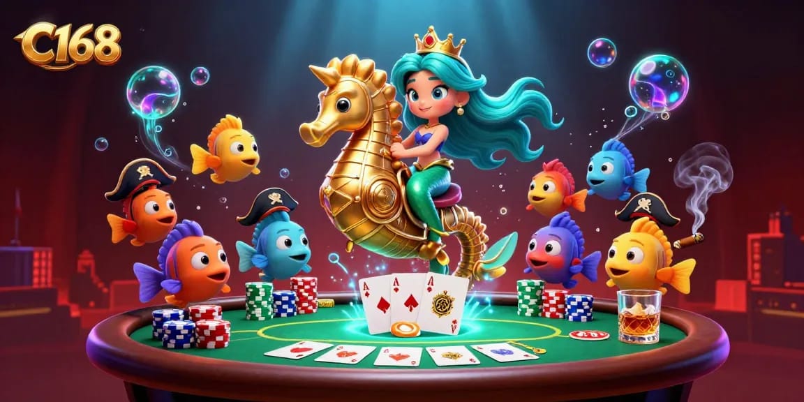 C168 mermaid princess and seahorse in a dazzling poker scene, showcasing vibrant casino action.