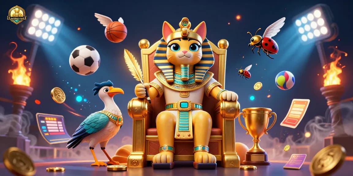 Experience the thrilling world of Luckywin with a vibrant 3D pharaoh scene filled with dynamic sports elements.