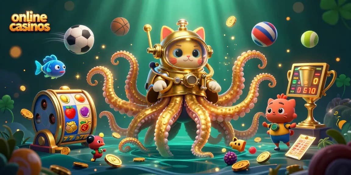 Engage with thrilling online casinos featuring a 3D kraken, diving cat, and vibrant gaming elements.