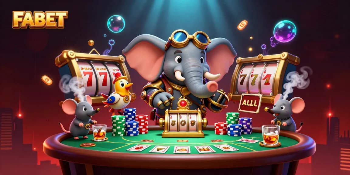 FABET showcases a captivating steampunk elephant engineer operating a vibrant slot machine, delivering excitement in gaming.