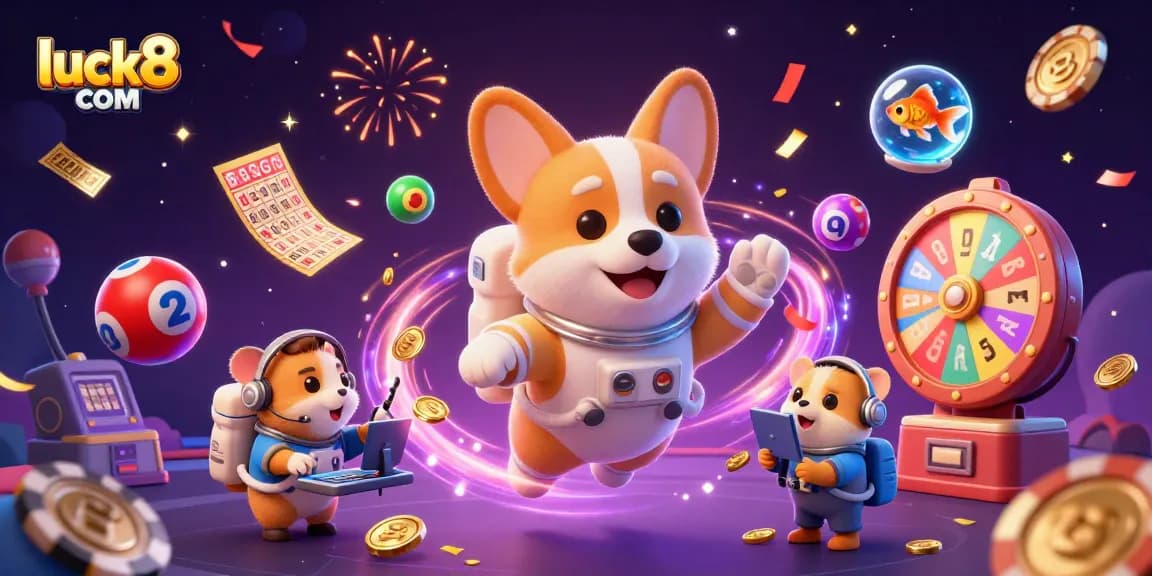 Experience thrilling action at luck8 com with a vibrant cosmic lottery scene featuring playful characters in space.