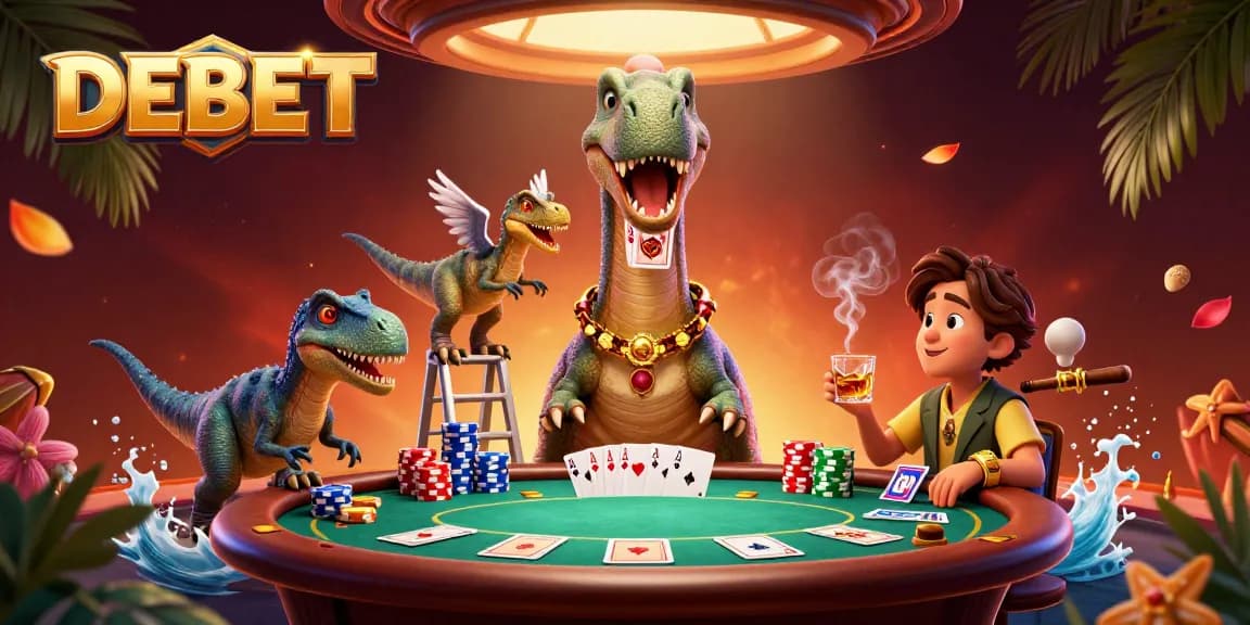 DEBET showcases fun casino excitement with a giant dinosaur presiding over a vibrant poker scene.