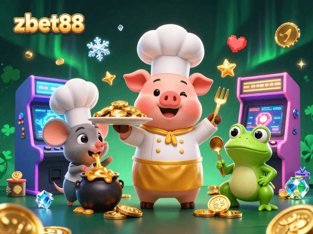 Engage with zbet88's exciting offerings as the chef pig serves gold coins amidst vibrant gaming elements.