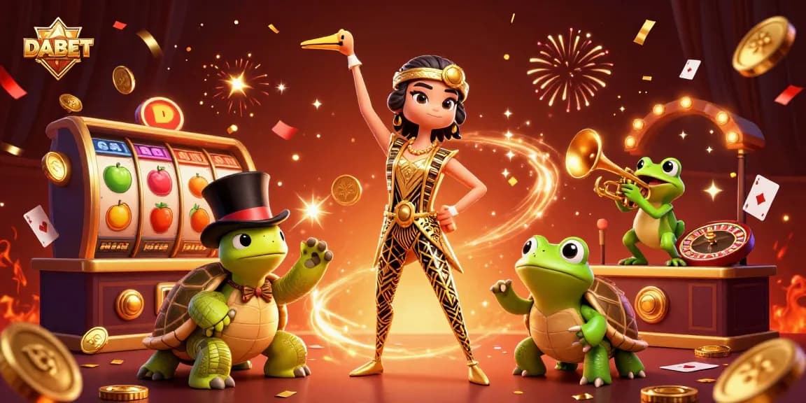 DABET engages players with vibrant casino scenes featuring slot reels, poker cards, and festive characters.