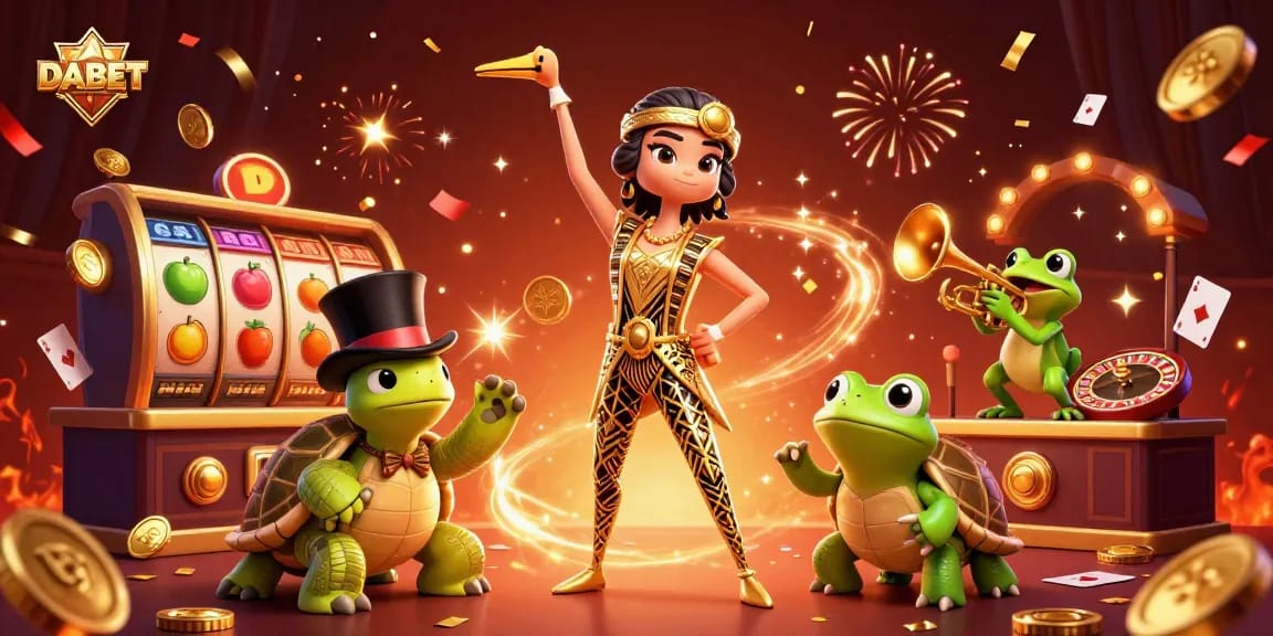 DABET engages players with vibrant casino scenes featuring slot reels, poker cards, and festive characters.