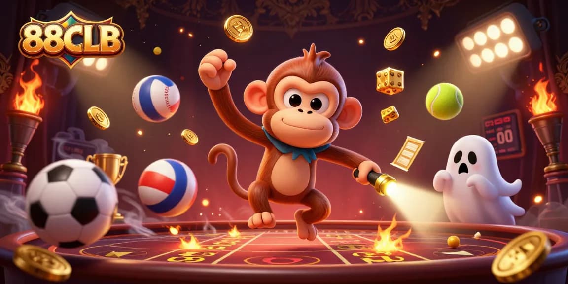 Experience thrilling 88CLB moments with a mischievous monkey and ghost-hunter puppy in a haunted casino.