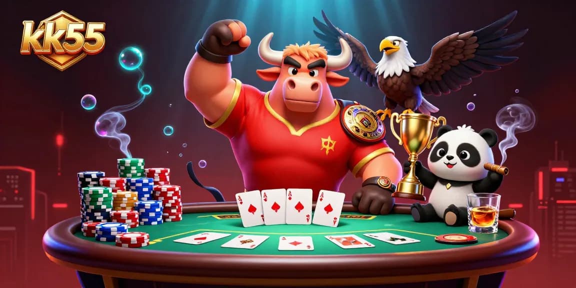 kk55 showcases a victorious bull and eagle with poker elements amidst a vibrant casino scene.