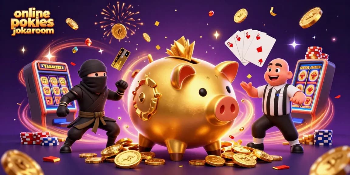 Experience the thrill of online pokies jokaroom with a lively illustration showcasing golden piggy bank characters amidst flying coins and slot reels.