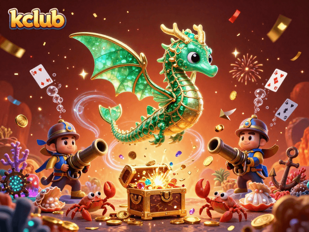 Experience the vibrant world of Kclub with a dragon and treasure in a dazzling underwater scene.