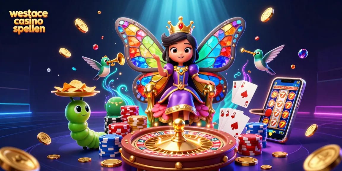 Speel spannende westace casino spellen met een kleurrijke scène vol gokkasten en pokerchips.