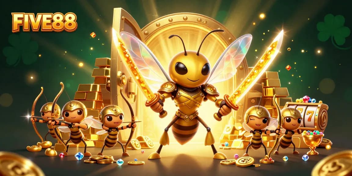 Join the excitement of FIVE88 with a dynamic casino scene featuring samurai warriors and gold treasures.