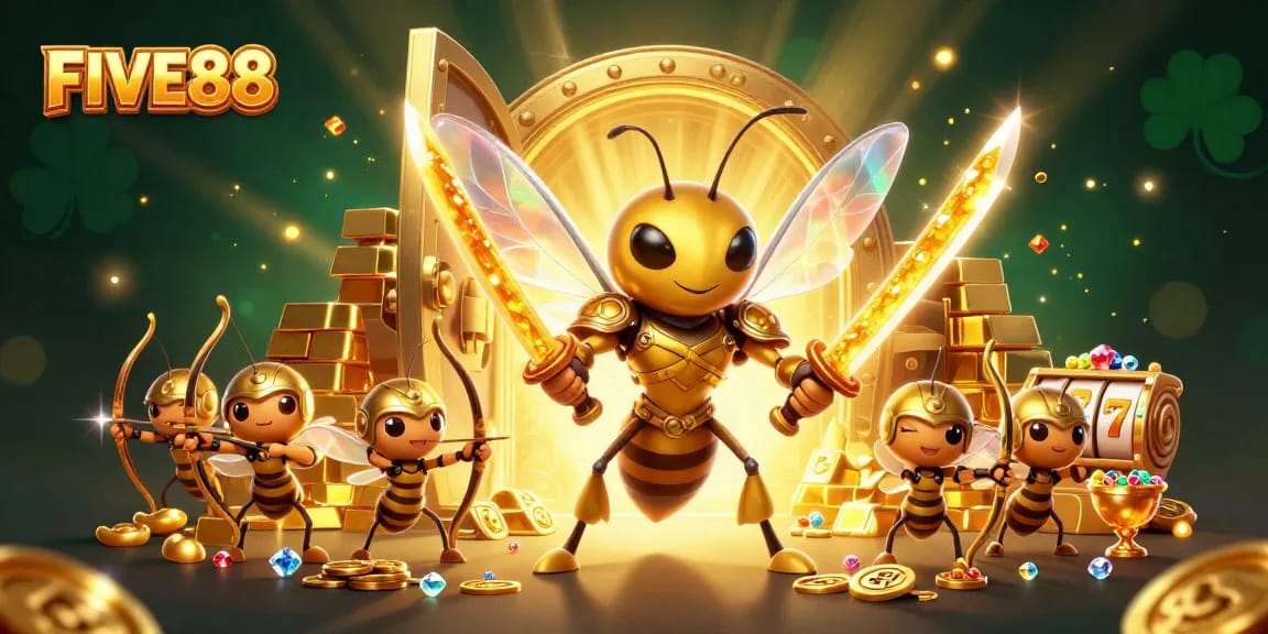 Join the excitement of FIVE88 with a dynamic casino scene featuring samurai warriors and gold treasures.