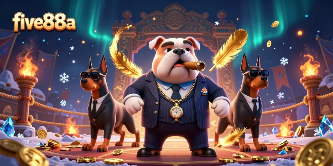 Engage with five88a's thrilling gambling scene featuring a mafia boss bulldog and Doberman bodyguards amidst a colorful casino atmosphere.