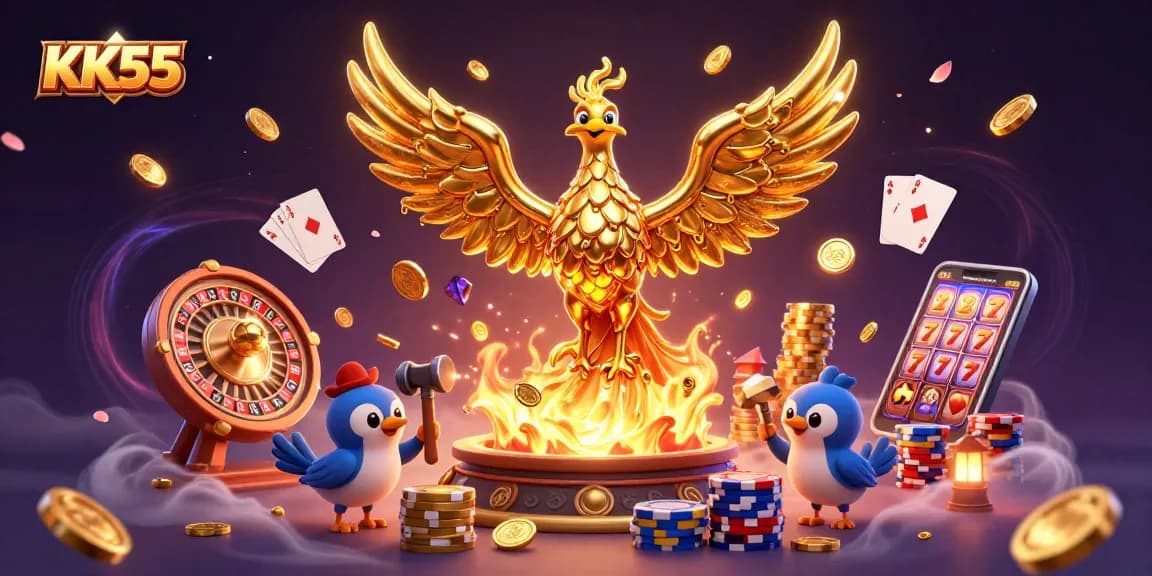 KK55 phoenix emerging with gold coins, roulette wheel & poker chips in a vibrant casino scene.
