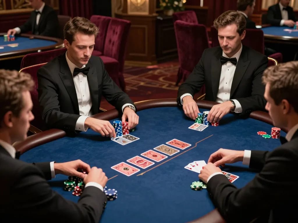 Players engaged in an intense poker game at a luxurious table featuring lu88 branding, showcasing high-stakes tension.