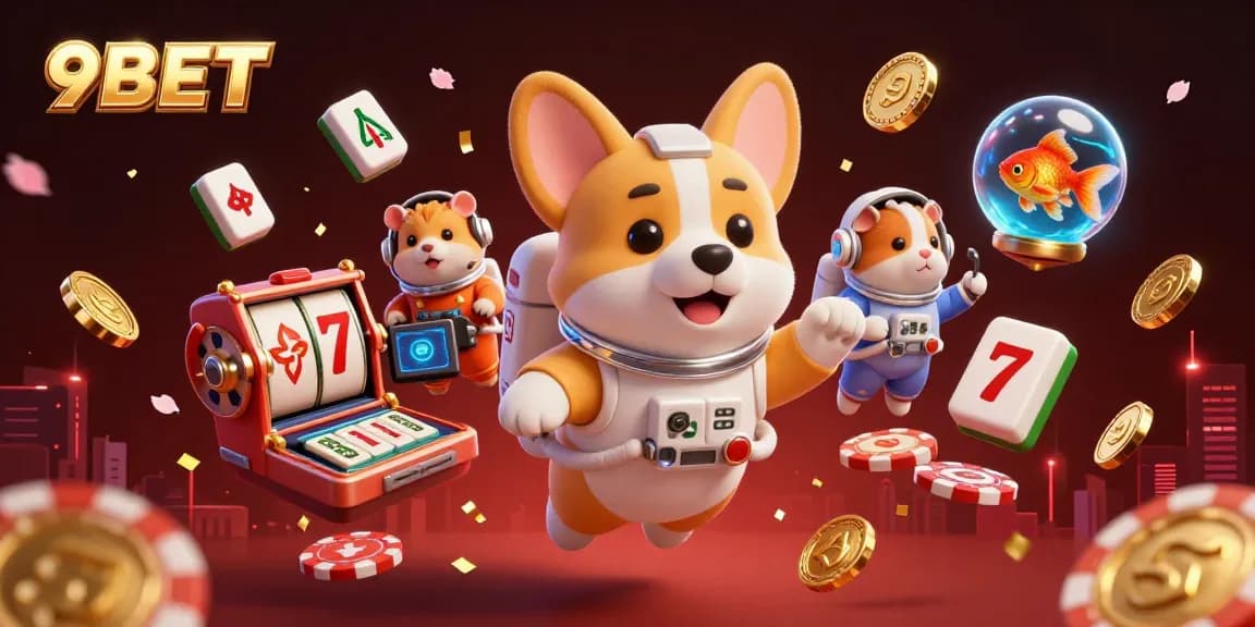 Engage in exciting gameplay at 9BET, where a 3D cartoon corgi astronaut explores a vibrant casino universe.
