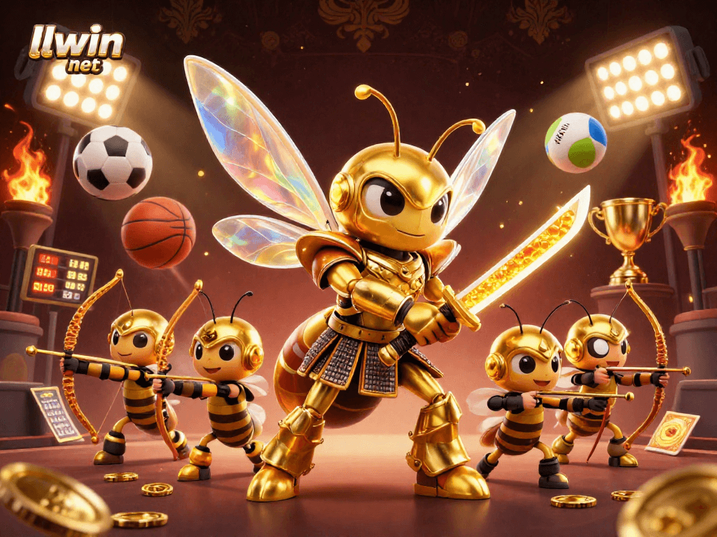 Experience the excitement of llwin net with a dynamic 3D casino scene of gaming and sports elements.