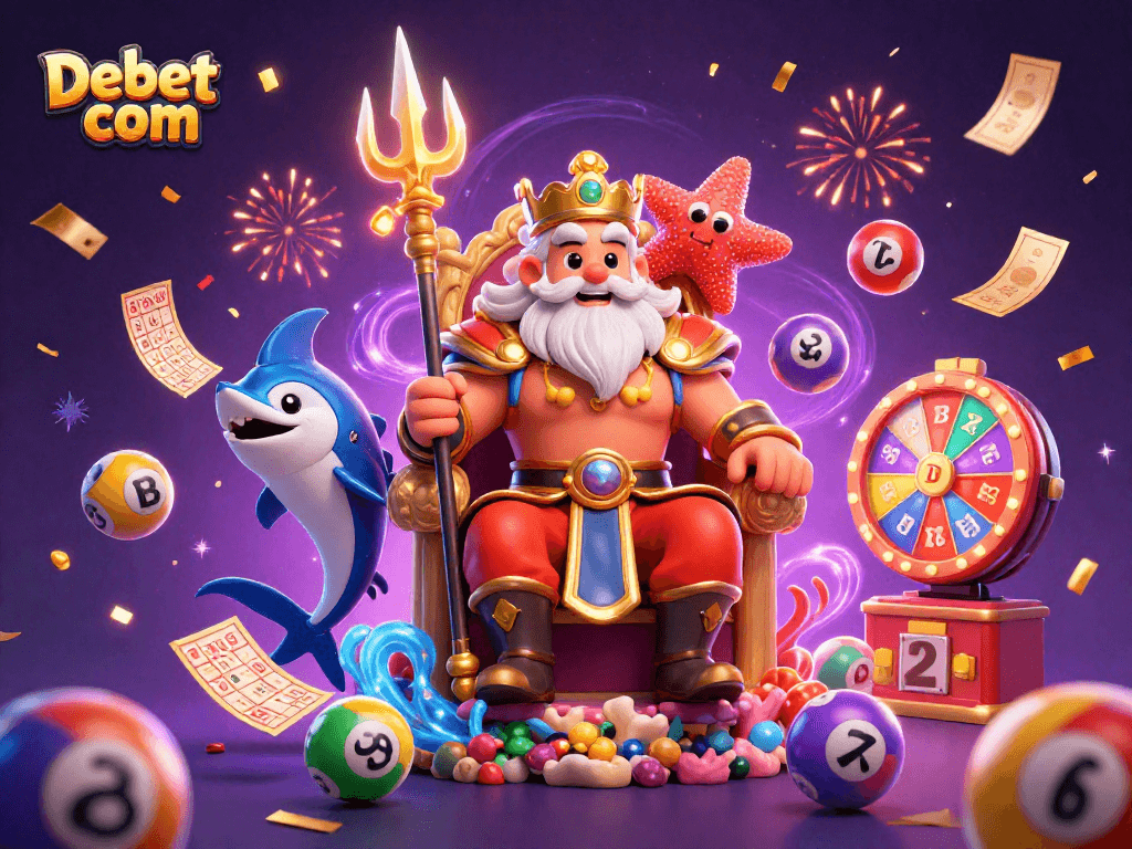 Play and win with Debet com in this vibrant lottery-themed scene featuring Neptune and friends.