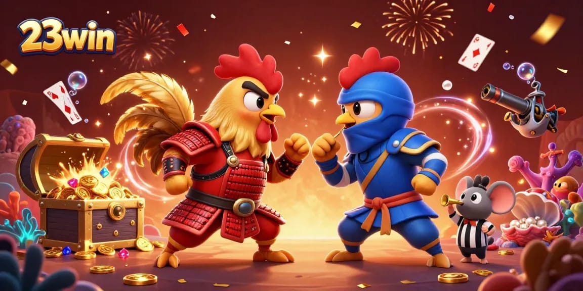 Compete at 23win with dynamic rooster duel showcasing casino excitement and vibrant visuals.