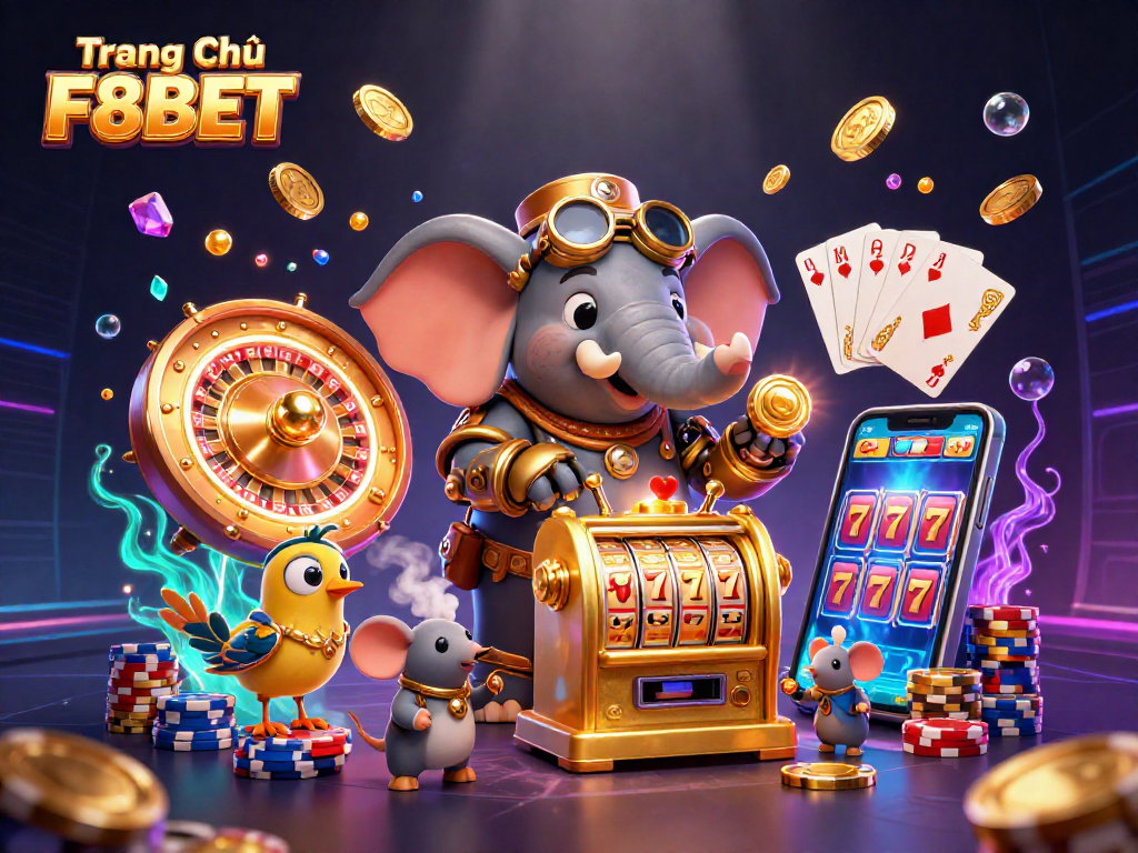 Spin the golden slot machine at Trang Chủ F8BET and win big among cascading coins and vibrant game elements.