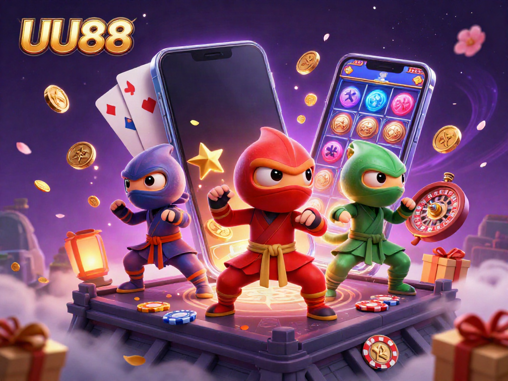 Join the UU88 chameleon ninjas as they tackle thrilling slot games in a rich casino atmosphere.