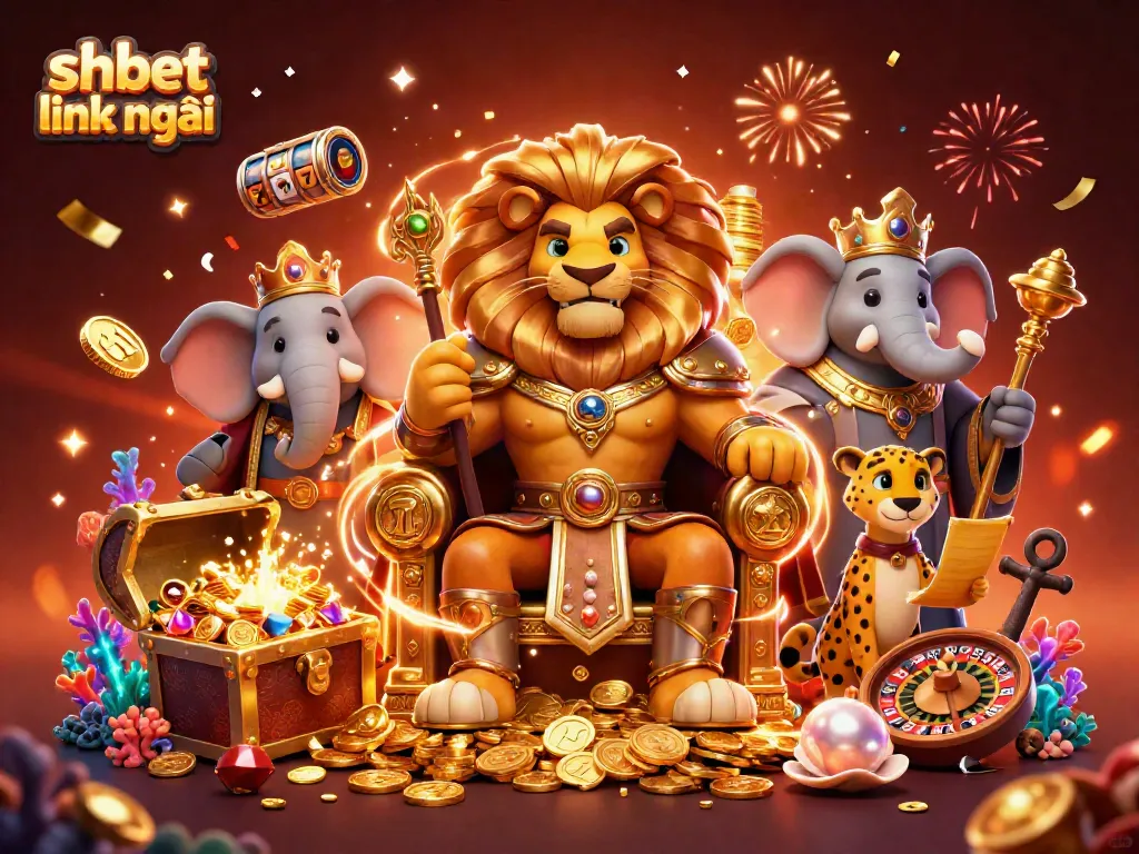 Join the adventure with shbet link mới, featuring a lion king, elephant advisor, and cheetah messenger in a vibrant casino scene.