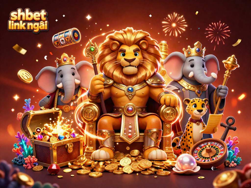 Join the adventure with shbet link mới, featuring a lion king, elephant advisor, and cheetah messenger in a vibrant casino scene.