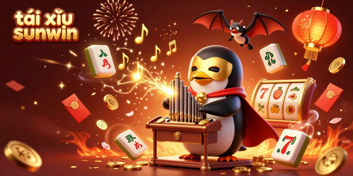Experience the excitement of tài xỉu sunwin with a vibrant casino scene featuring a whimsical penguin playing a golden organ.