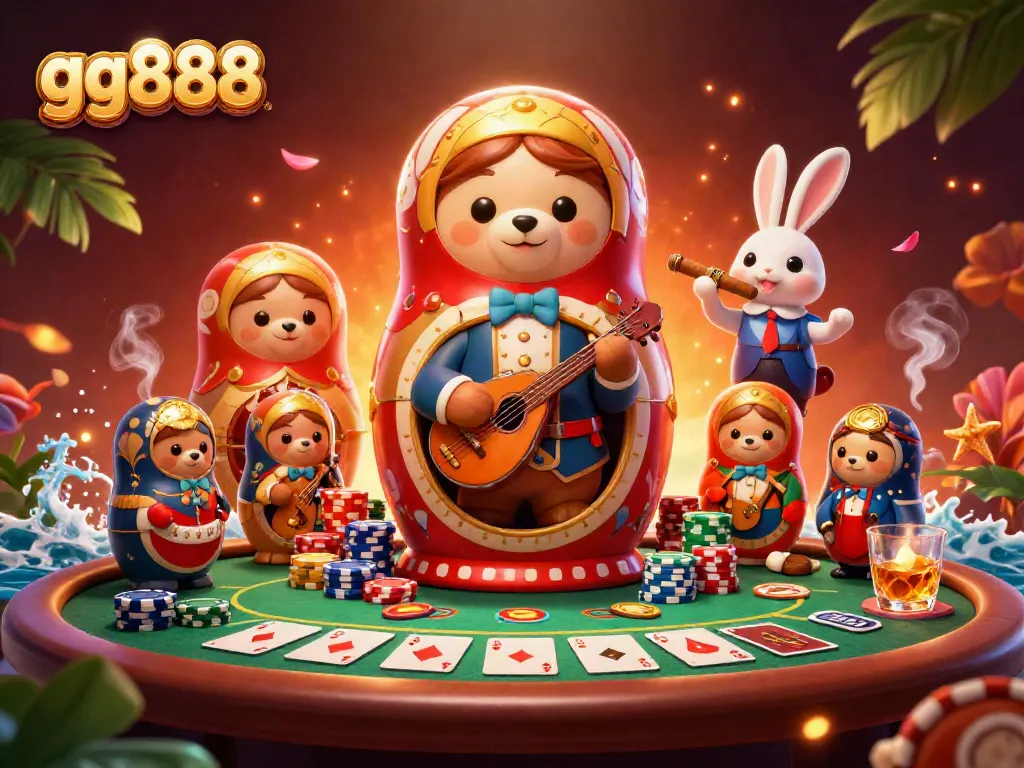 Experience thrilling poker action with gg888 in a vibrant 3D casino scene full of excitement.