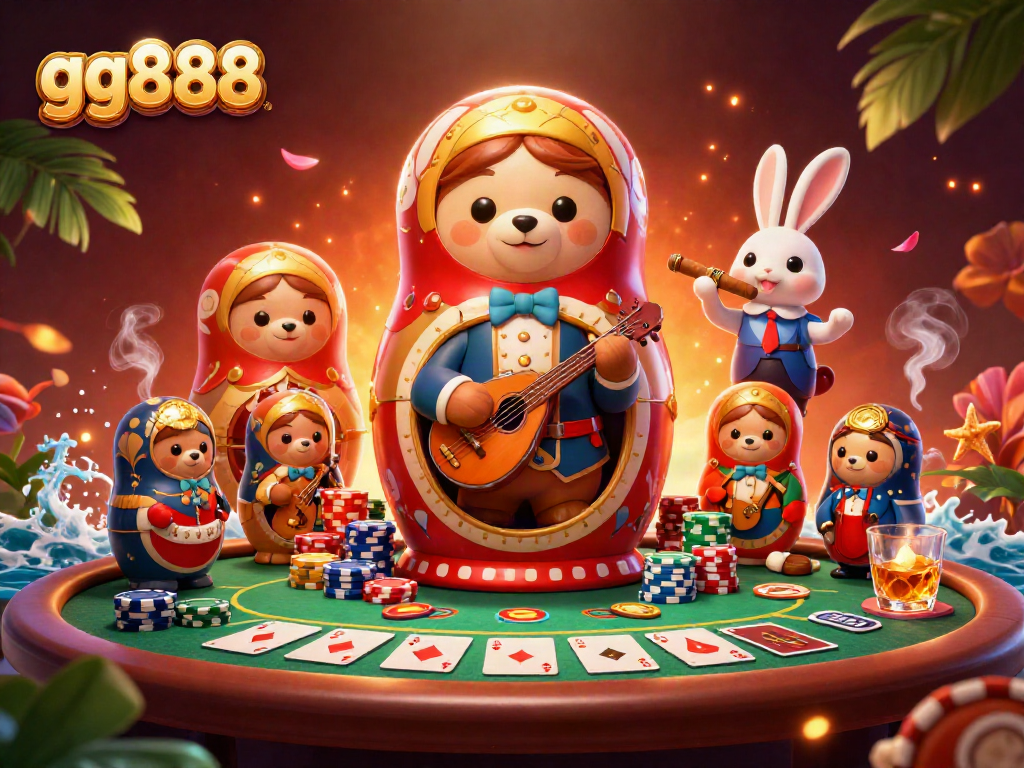Experience thrilling poker action with gg888 in a vibrant 3D casino scene full of excitement.
