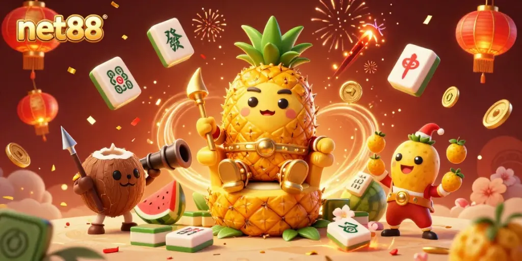 Experience net88's vibrant gaming world with the golden pineapple king amidst celebratory elements.