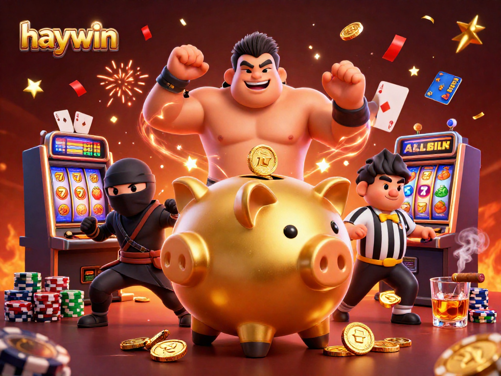 Experience the excitement of haywin as a sumo wrestler unleashes coins in a vibrant casino scene.