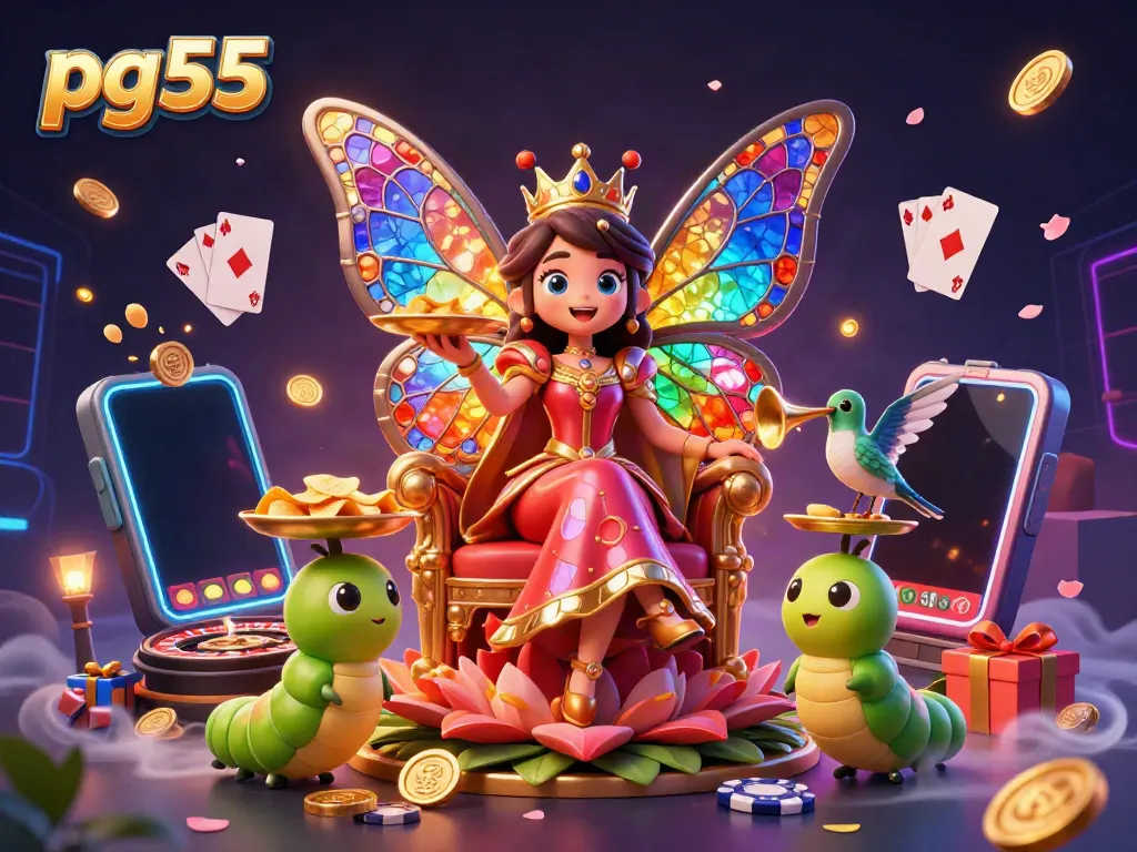 Experience pg55's vibrant casino world with a colorful butterfly queen and dynamic gaming elements.