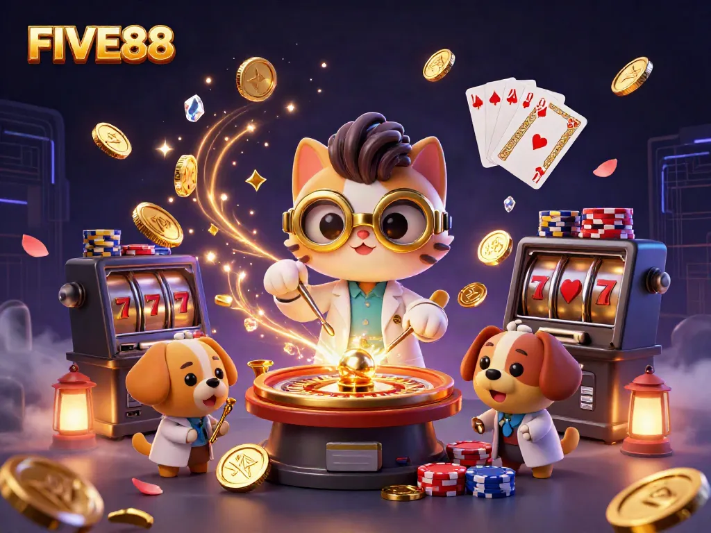 Experience the excitement of winning jackpots at FIVE88 with a dynamic casino scene featuring 3D characters and golden casino elements.