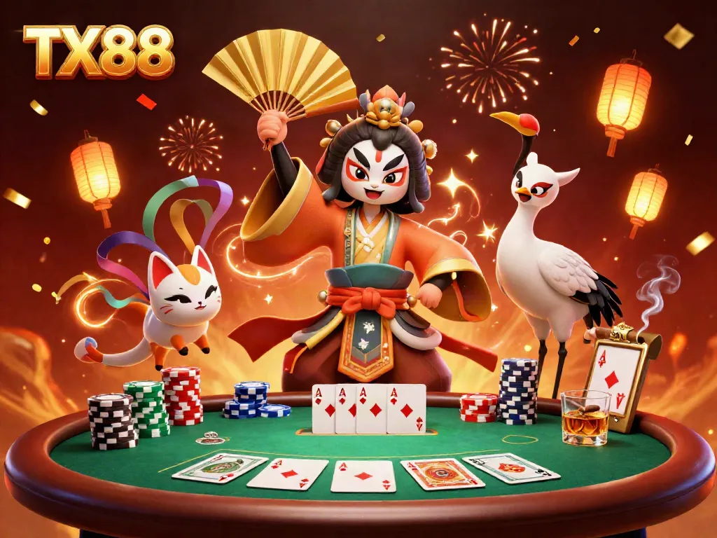 Experience excitement at TX88 with a dynamic scene featuring playful characters and poker gaming elements.