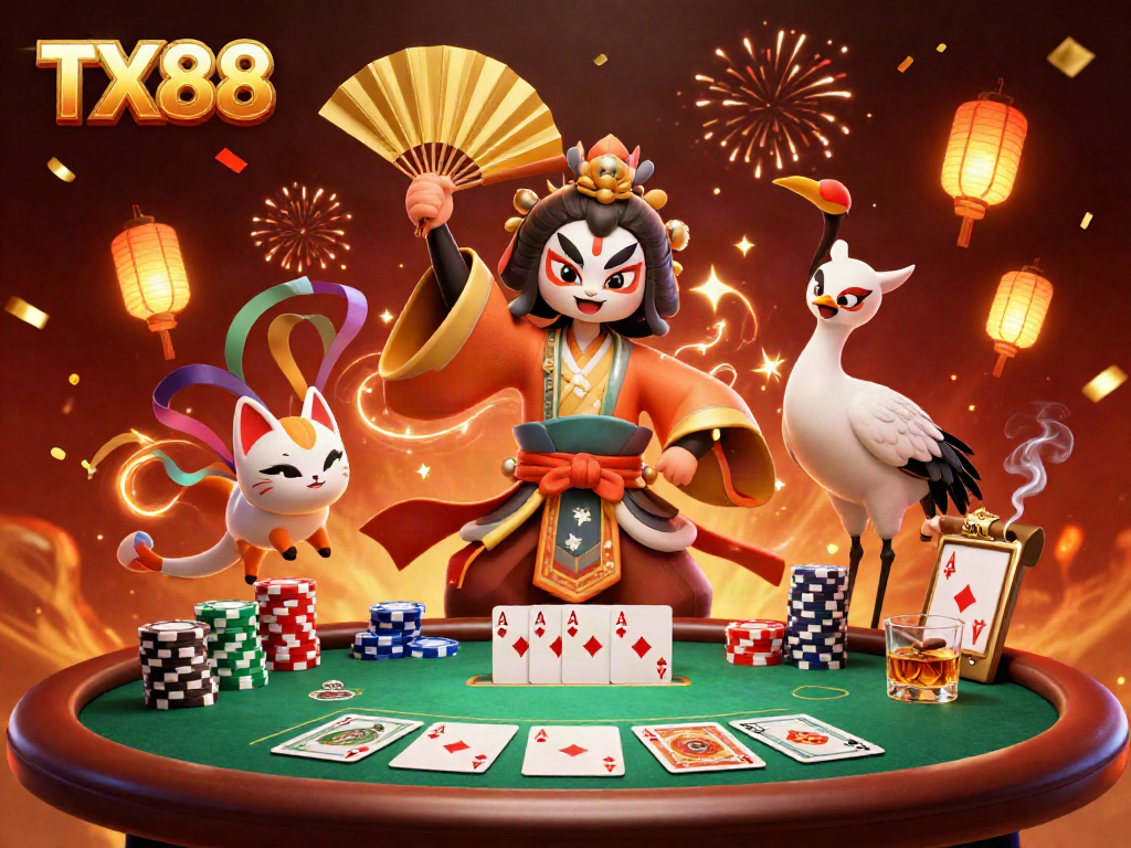 Experience excitement at TX88 with a dynamic scene featuring playful characters and poker gaming elements.