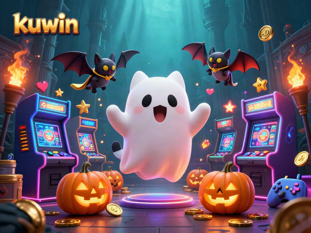 Kuwin showcases a friendly ghost cat in a haunted casino, amid slot machines and glowing jack-o-lanterns, emphasizing thrilling gambling adventures.