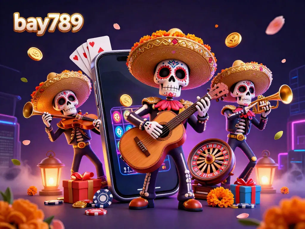 Play exciting slot games with bay789 featuring lively skeleton mariachi musicians and dynamic casino elements.