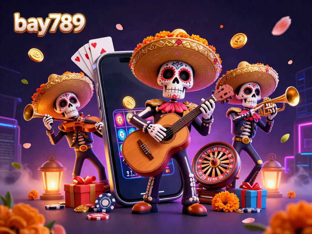 Play exciting slot games with bay789 featuring lively skeleton mariachi musicians and dynamic casino elements.