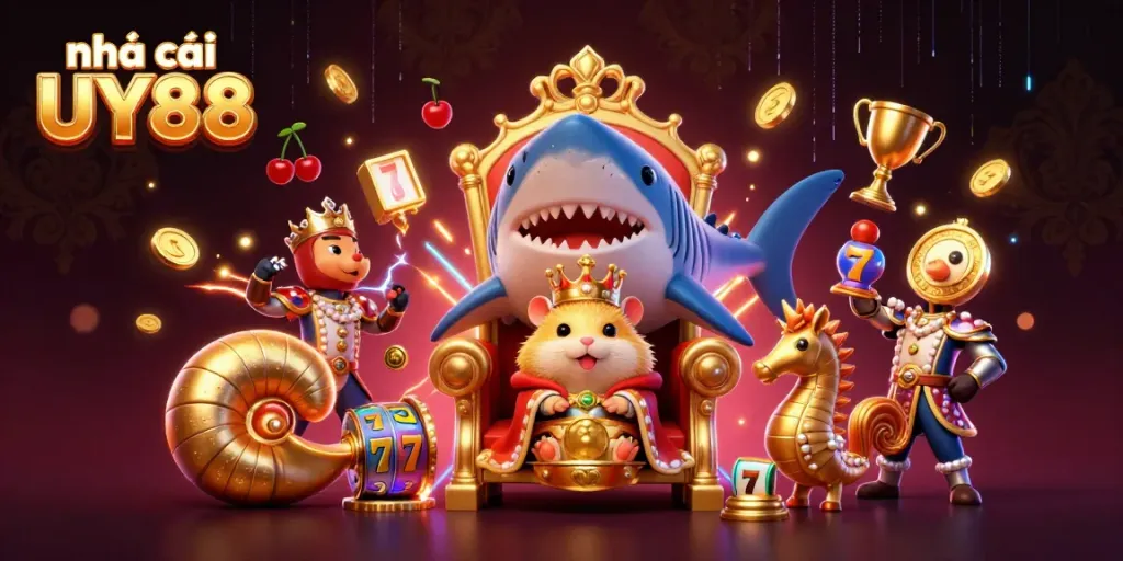 Engage with exciting games at nhà cái UY88 featuring a playful golden hamster king surrounded by vibrant slot game elements.