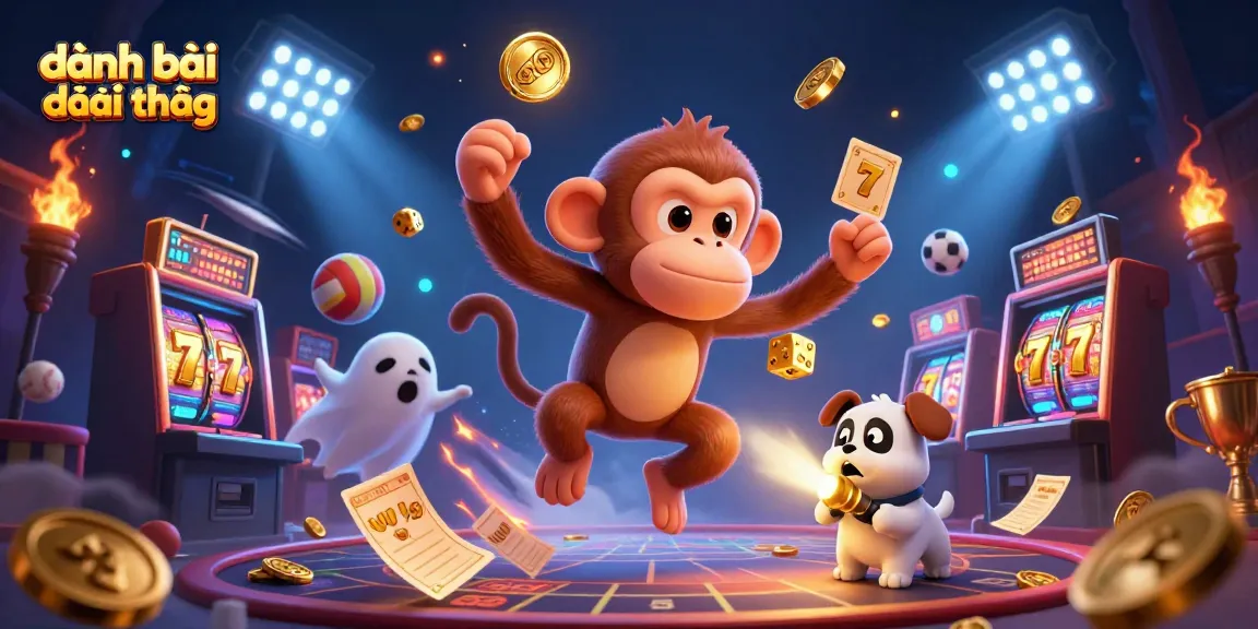 Engaging illustration of a mischievous monkey juggling golden objects while a curious puppy tracks it, embodying the thrill of đánh bài đổi thưởng.