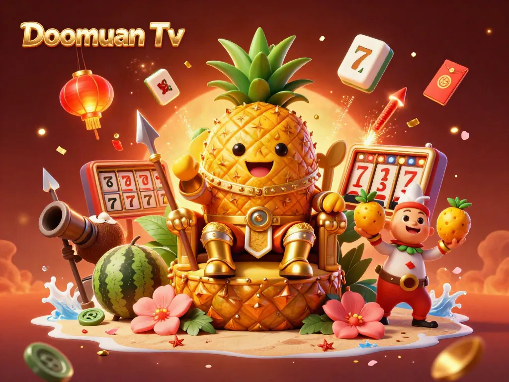 Doomuan Tv offers a vibrant beach casino scene with a golden pineapple king, surrounded by themed games and festive lighting.